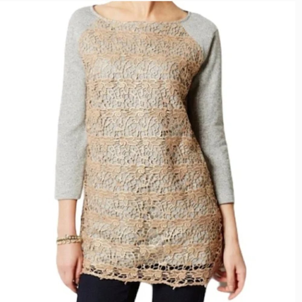 Anthropologie Dolan Le Pompe Gray Tan Crochet Lace Overlay Front Tunic Top Med